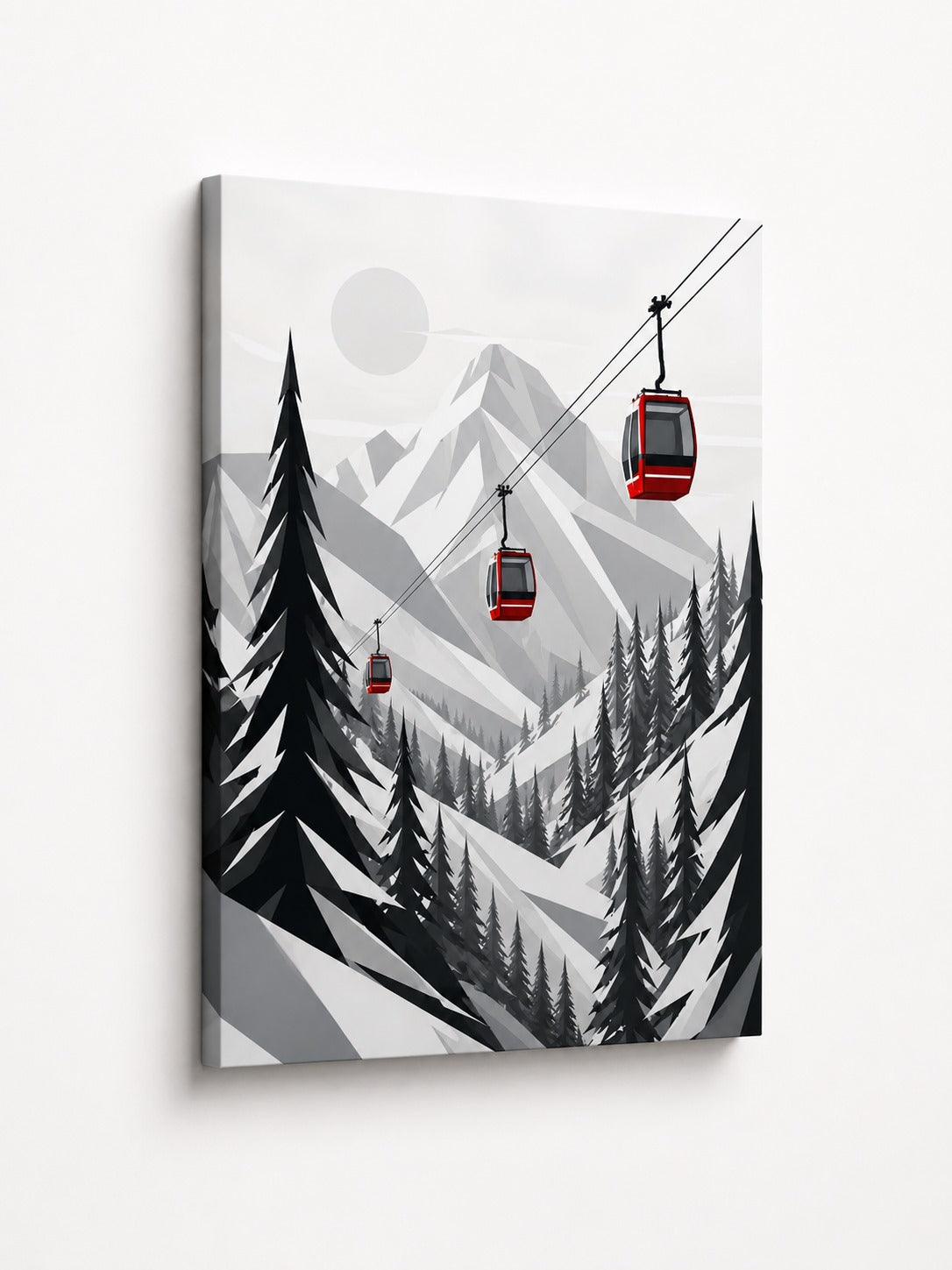 Tableau station de ski avec trois cabines rouges traversant un paysage alpin enneigé
