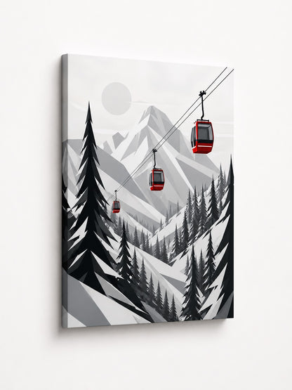 Tableau station de ski avec trois cabines rouges traversant un paysage alpin enneigé
