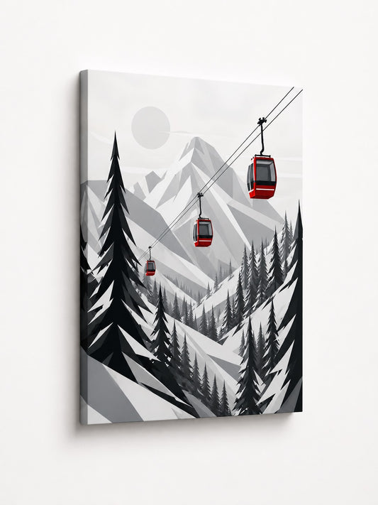 Tableau station de ski avec trois cabines rouges traversant un paysage alpin enneigé
