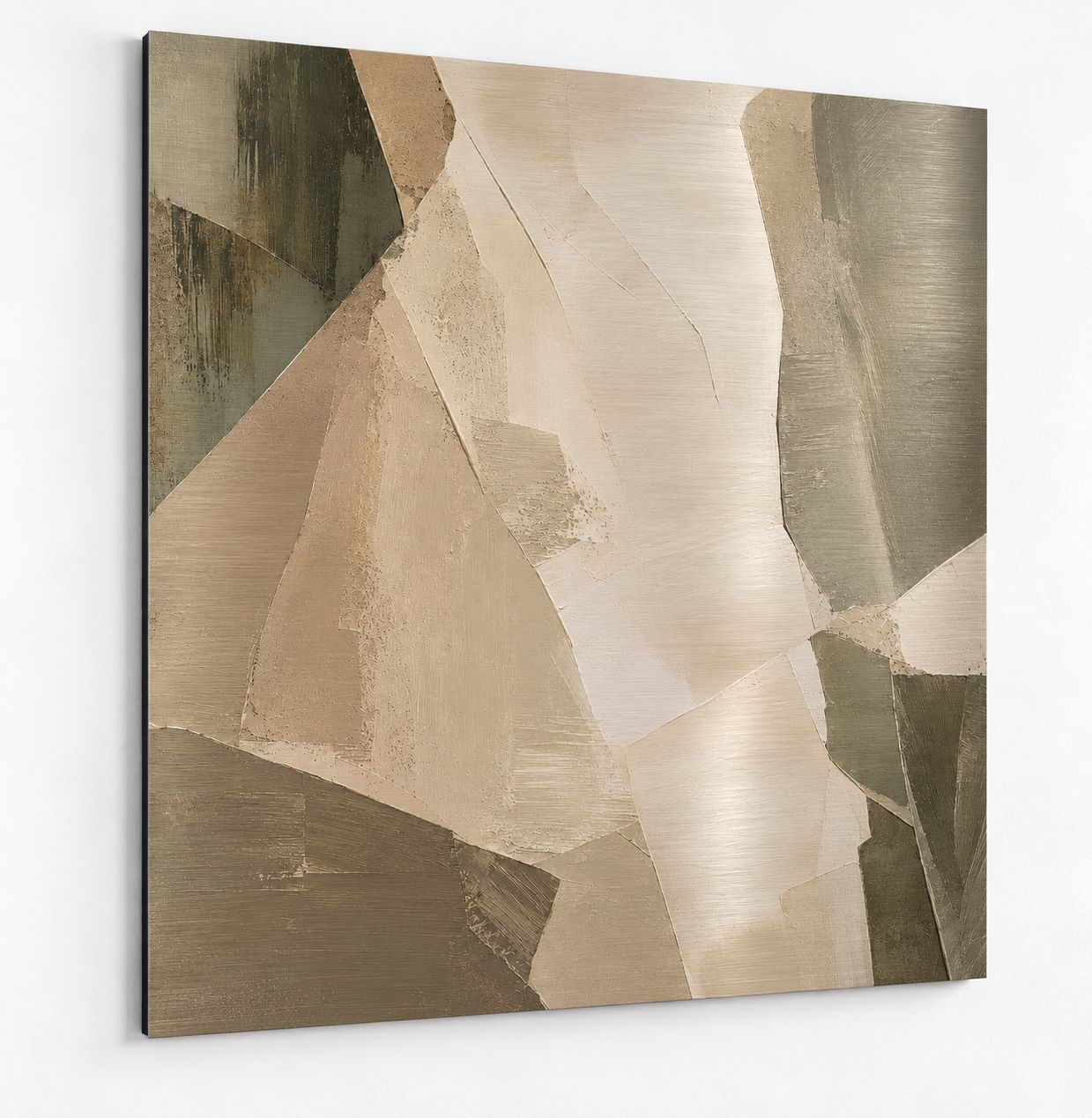 Tableau Strates sur aluminium aux formes abstraites beige et taupe
