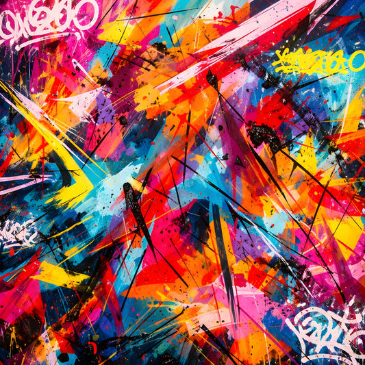 abstraction street art multicolore avec projections dynamiques et éclaboussures graphiques contemporaines

