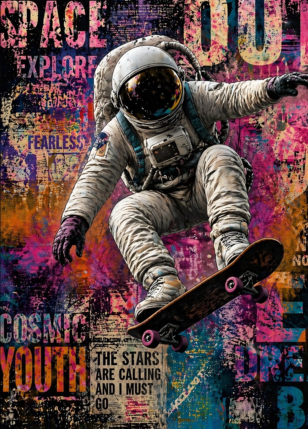 Tableau street art astronaute en skateboard avec style urbain et univers cosmique
