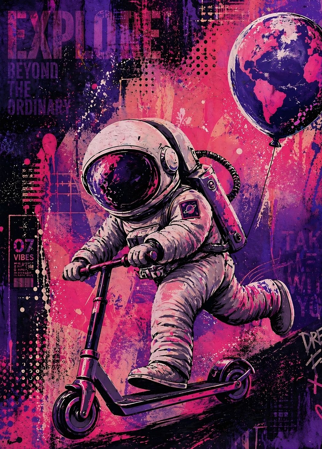 Tableau astronaute en trottinette style street art avec ambiance cosmique et couleurs vibrantes
