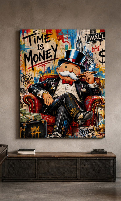 Tableau contemporain dédié à l'univers du business et de la réussite, associant street art, design moderne, personnage emblématique, citations inspirantes et décoration murale premium.
