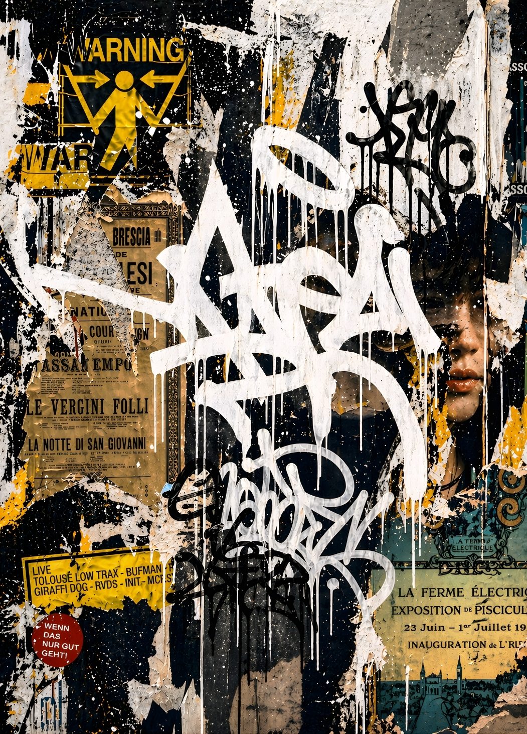 Tableau street art collage avec affiches déchirées et graffiti urbain moderne
