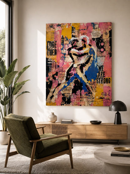 Tableau street art couple installé dans un salon contemporain aux lignes épurées et à la décoration urbaine
