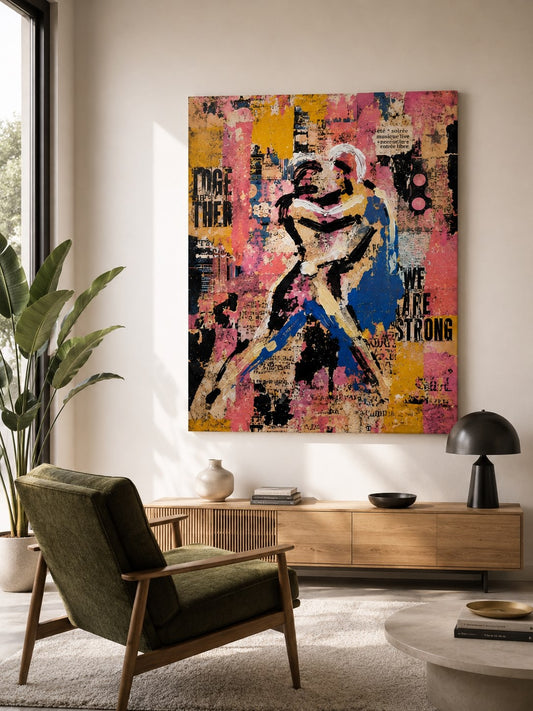 Tableau street art couple installé dans un salon contemporain aux lignes épurées et à la décoration urbaine
