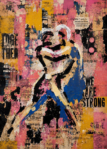 Tableau street art représentant un couple enlacé peint à grands traits sur un collage urbain rose, jaune, bleu et noir

