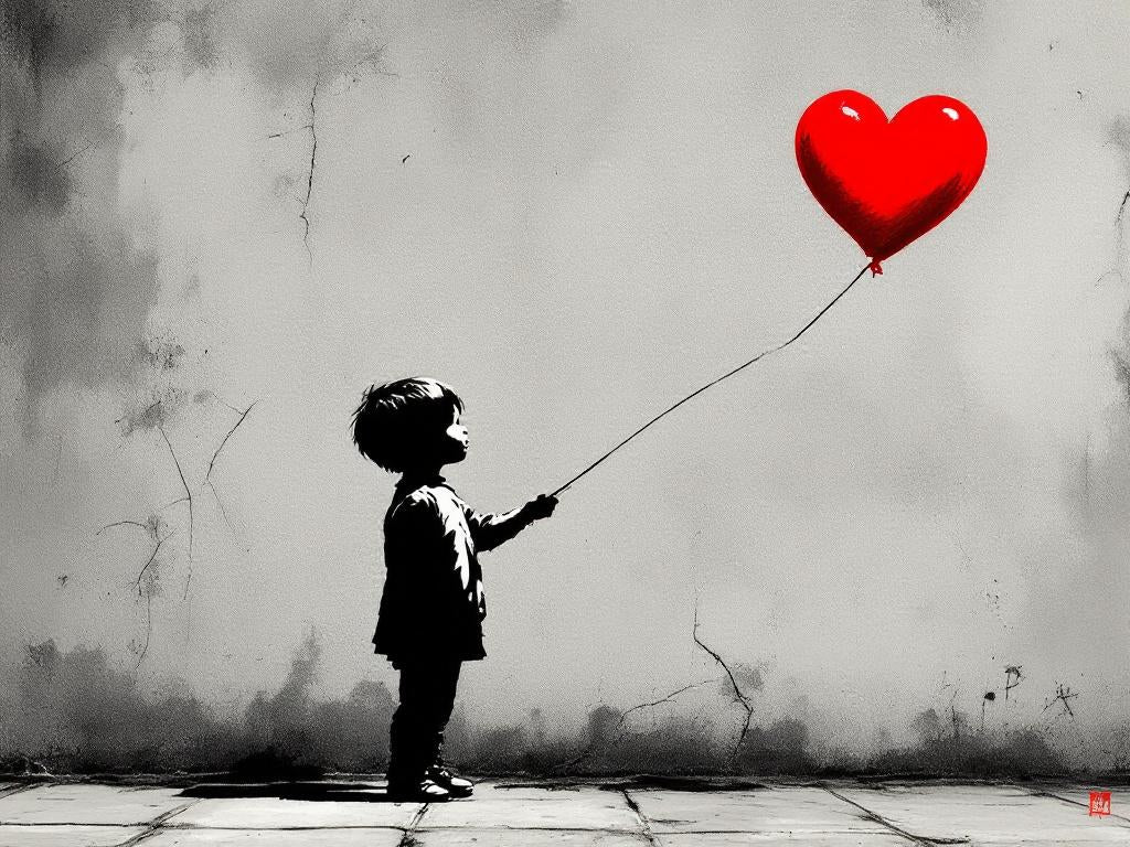 Enfant tenant un ballon rouge en forme de cœur, tableau street art poétique inspiré de Banksy
