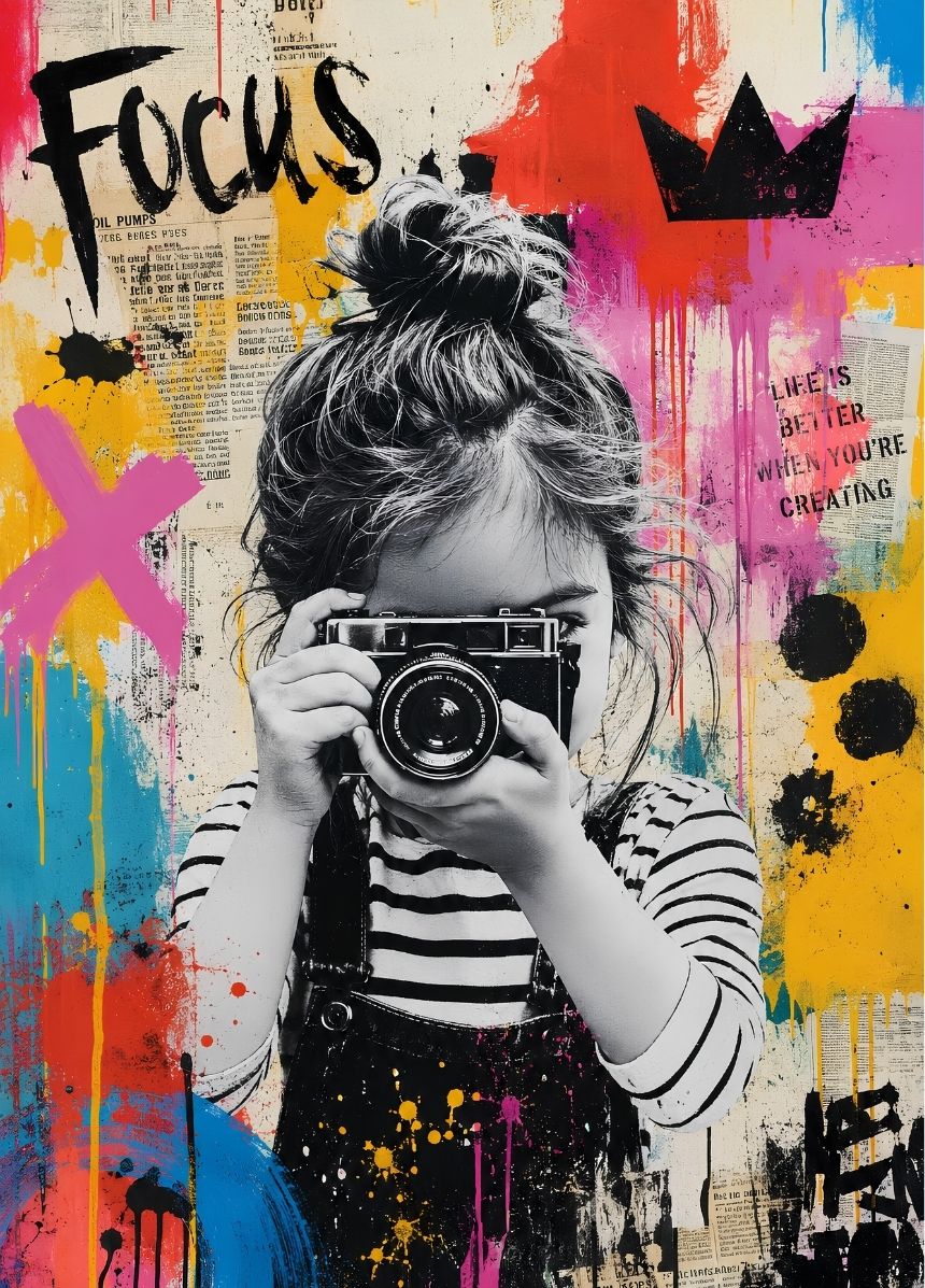 Tableau street art coloré Focus Créatif représentant une femme photographe
