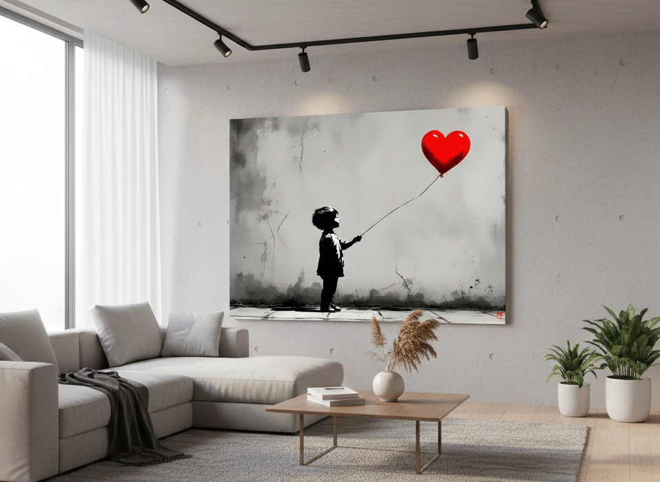 Tableau mural street art contemporain inspiré de l’univers Banksy, ambiance urbaine
