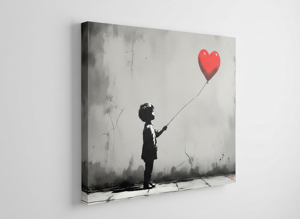 Œuvre street art minimaliste noir et blanc avec ballon rouge symbolisant l’espoir
