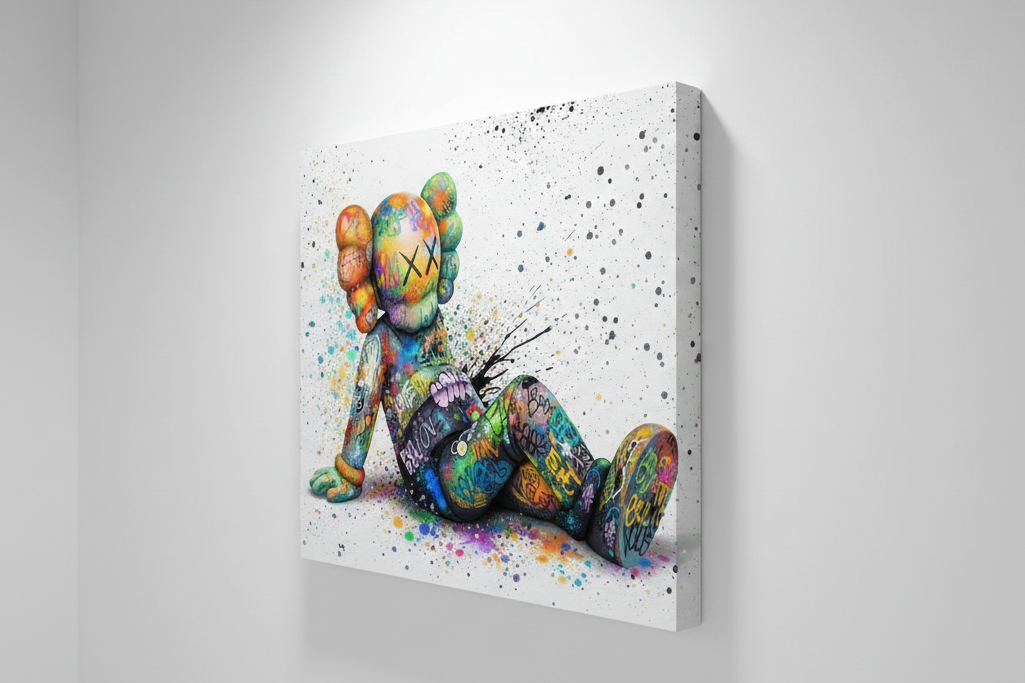 Œuvre street art pop art contemporaine aux couleurs vives et style graphique urbain
