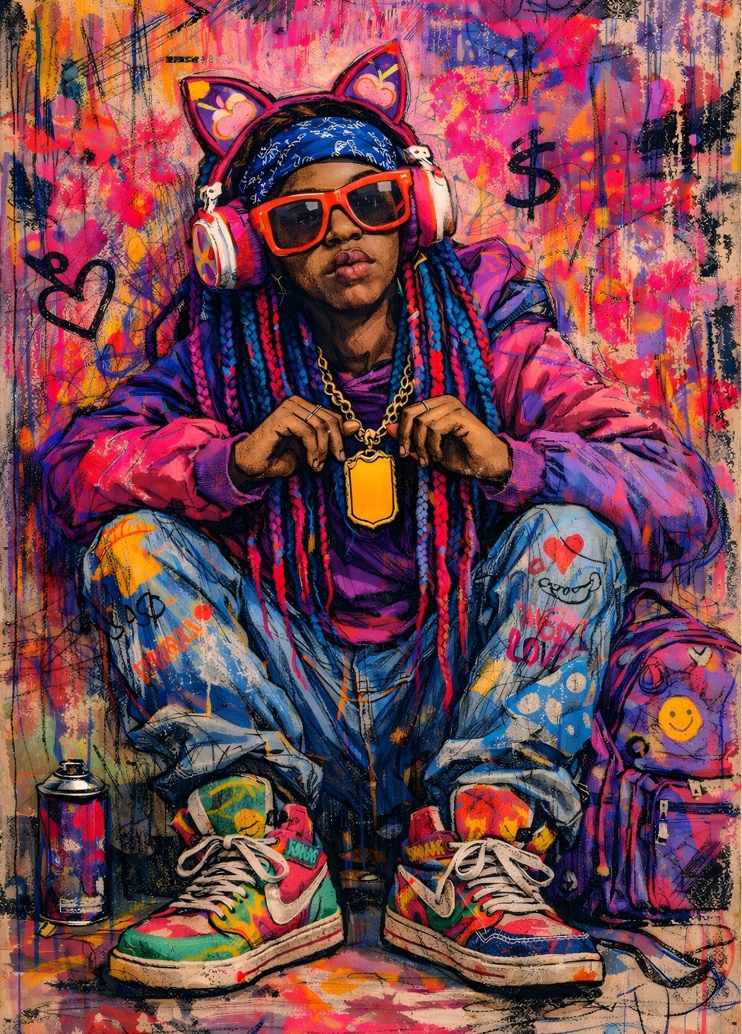Tableau street art avec portrait urbain coloré et style graffiti contemporain
