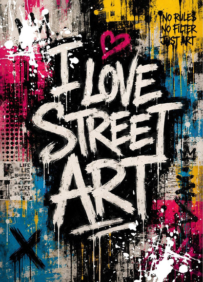 Tableau street art XXL avec lettrage Love Street Art, graffiti contemporain et couleurs éclatantes.
