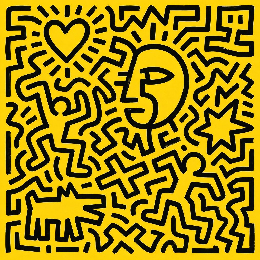 Tableau style Keith Haring jaune et noir avec lignes graphiques et symboles pop art contemporains
