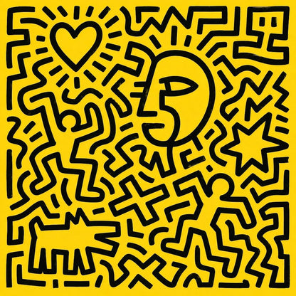 Tableau style Keith Haring jaune et noir avec lignes graphiques et symboles pop art contemporains
