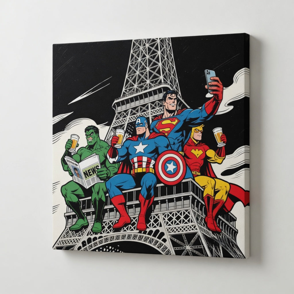 Tableau représentant plusieurs super heros comics assis sur la tour effel dans un style pop art coloré et noir et blanc