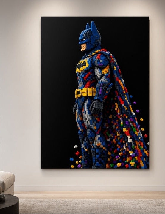 Tableau super héros pop culture avec cape composée de pixels colorés
