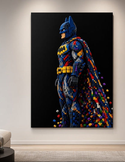 Tableau super héros pop culture avec cape composée de pixels colorés
