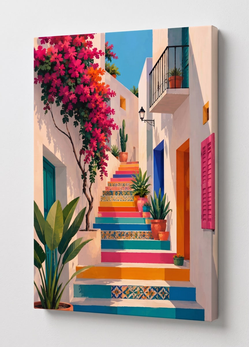 Tableau sur toile représentant un escalier coloré dans un village méditerranéen

