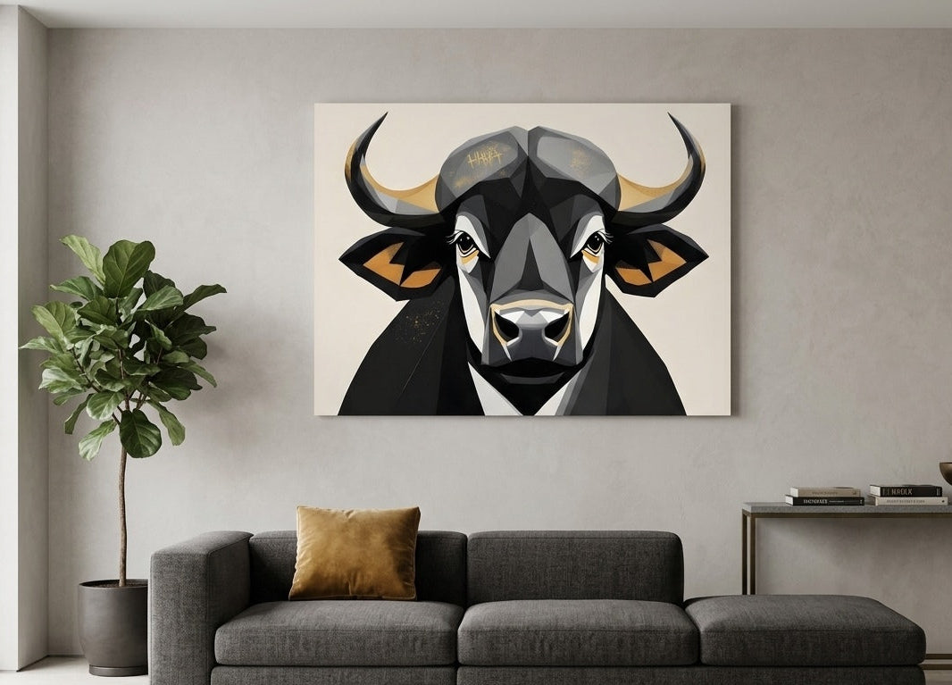 Tableau taureau contemporain installé dans un salon moderne, décoration murale animaux design avec touches dorées et contrastes élégants.
