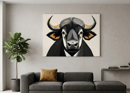 Tableau taureau contemporain installé dans un salon moderne, décoration murale animaux design avec touches dorées et contrastes élégants.
