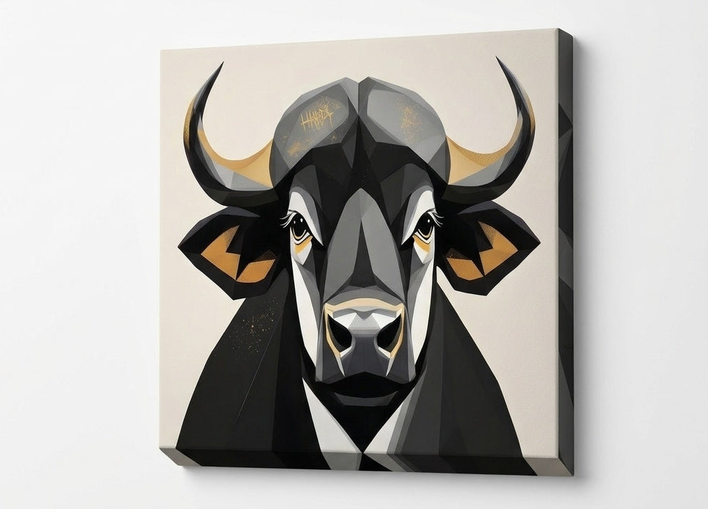 noir et or, représentation stylisée d’un taureau en art géométrique moderne pour une décoration murale animaux originale et tendance.
