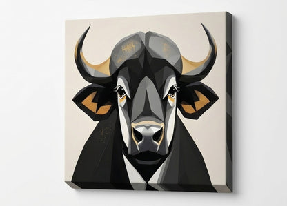 noir et or, représentation stylisée d’un taureau en art géométrique moderne pour une décoration murale animaux originale et tendance.
