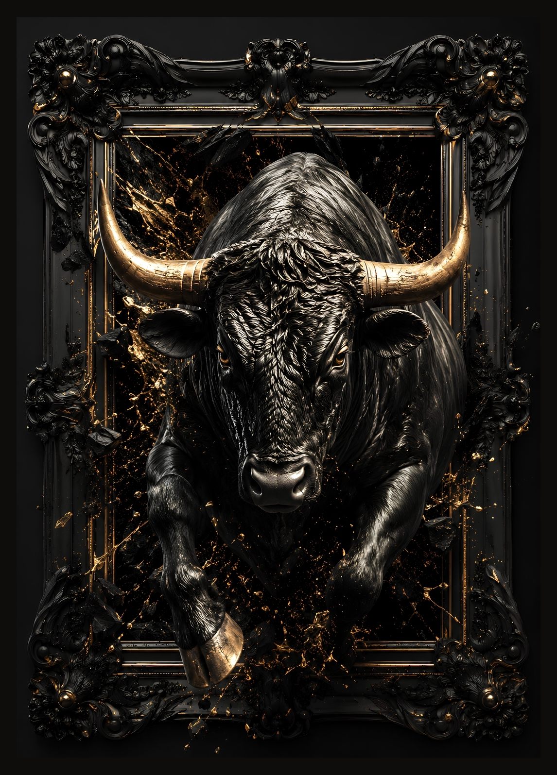 Tableau taureau noir avec cadre baroque et effets sculpturaux contemporains
