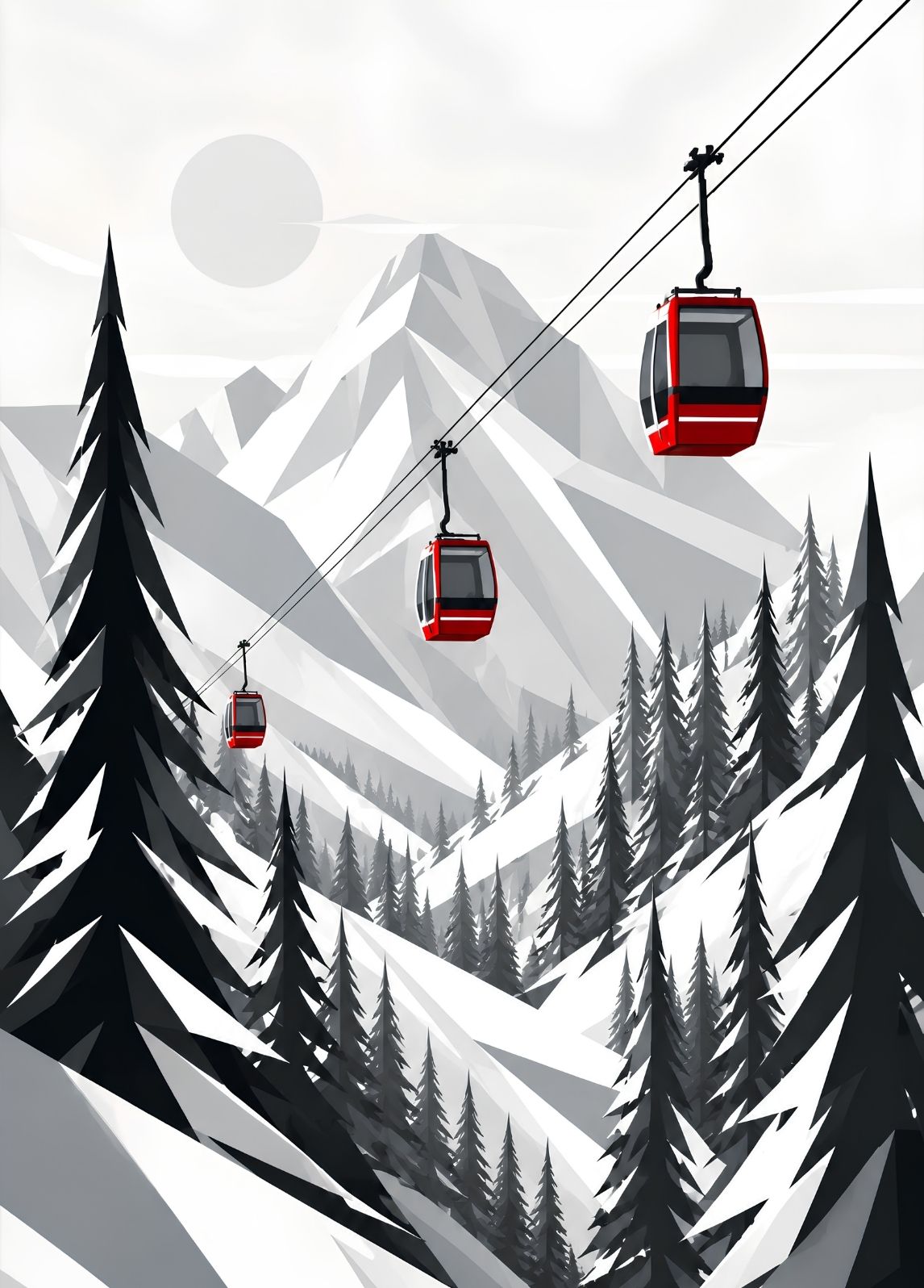 Tableau téléphérique montagne avec cabines rouges au-dessus d’une vallée enneigée
