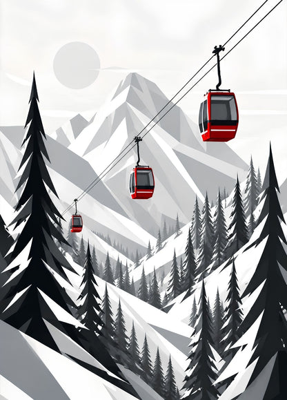 Tableau téléphérique montagne avec cabines rouges au-dessus d’une vallée enneigée
