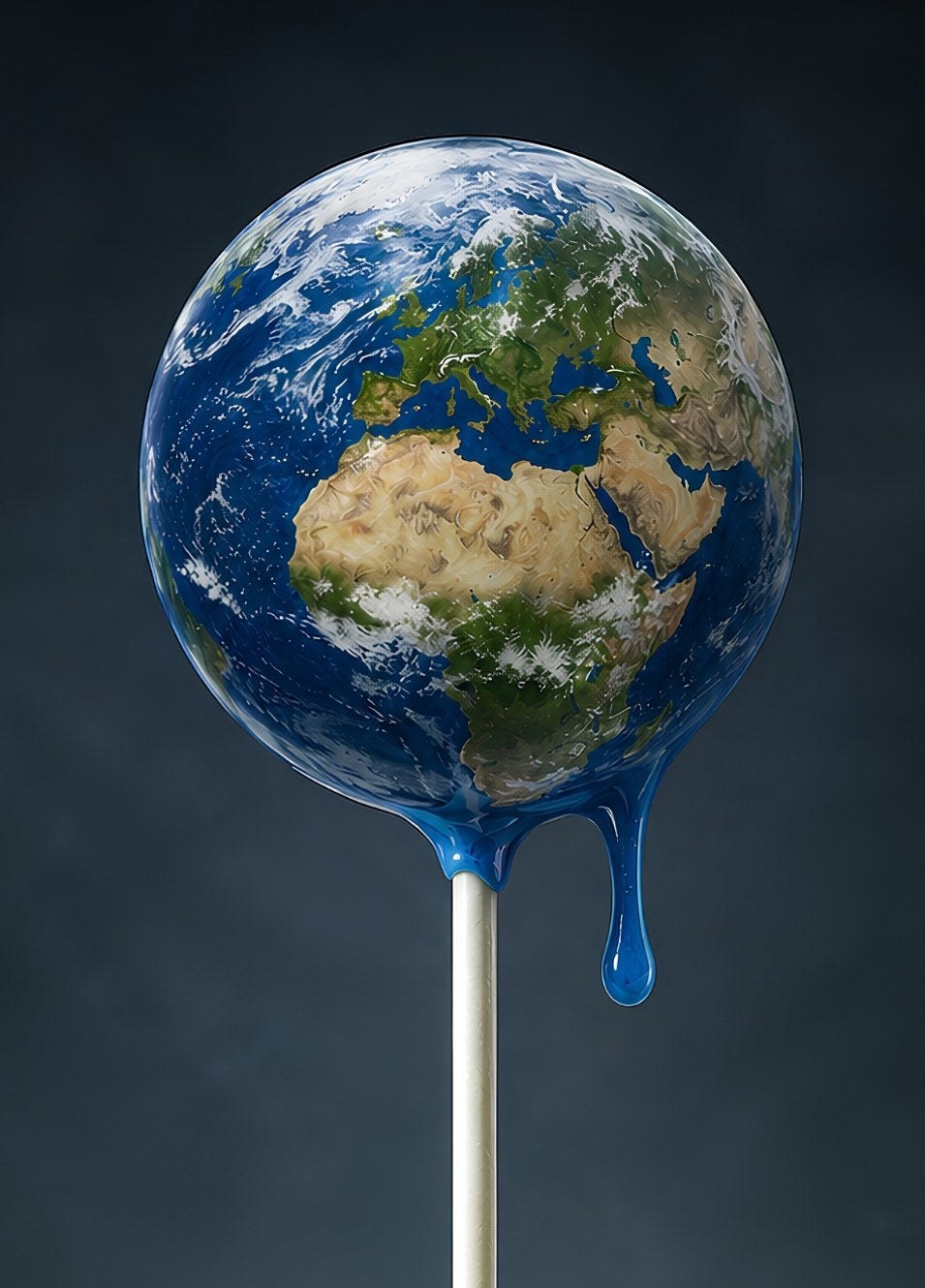 Planète Terre représentée comme une sucette fondante dans une œuvre figurative moderne au message écologique fort
