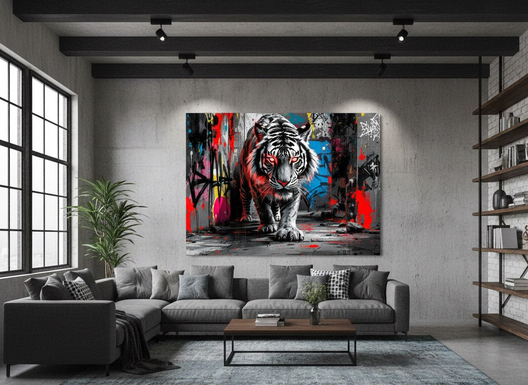 Tableau Tigre Blanc street art accroché dans un salon industriel moderne, décoration murale urbaine et puissante.
