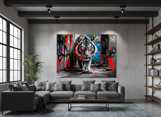 Tableau Tigre Blanc street art accroché dans un salon industriel moderne, décoration murale urbaine et puissante.
