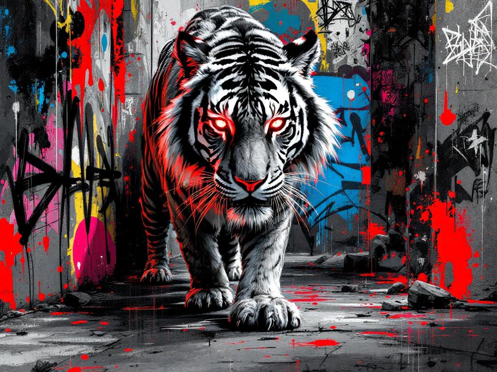 Tableau tigre blanc street art avec graffiti et projections rouges, création exclusive Iconik-Art.
