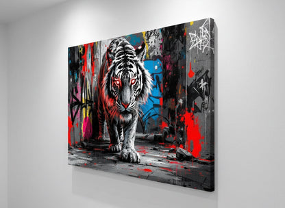 Vue de profil du tableau Tigre Blanc sur toile châssis, détails des contrastes noir et rouge et impression haute qualité.
