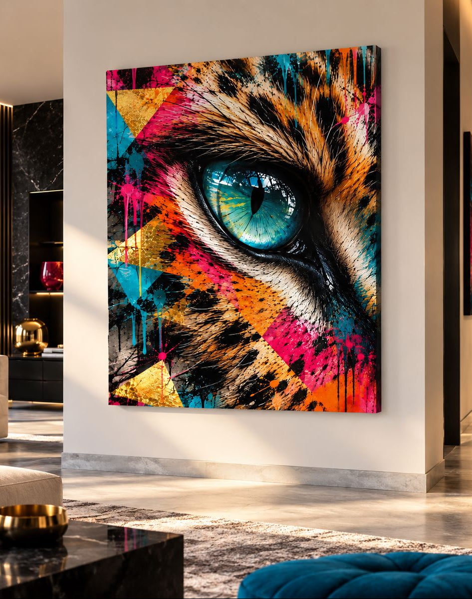 Tableau tigre coloré Instinct Sauvage exposé dans un salon contemporain, avec regard turquoise et motifs Street Art
