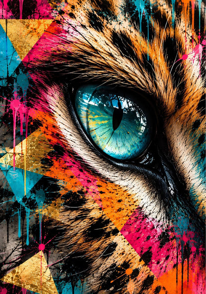 Tableau tigre moderne Instinct Sauvage, gros plan sur un œil turquoise entouré de motifs Pop Art multicolores
