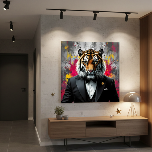 Tableau tigre pop art en situation dans un intérieur moderne