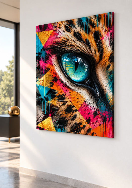 Tableau tigre Pop Art imprimé sur toile coton avec châssis entoilé visible de profil
