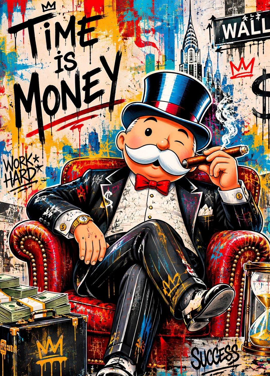Tableau Time Is Money street art représentant un personnage iconique dans un fauteuil en cuir avec cigare, slogan Time Is Money, skyline de New York, graffitis colorés, billets et ambiance business contemporaine idéale pour un bureau d'entrepreneur ou un intérieur design.
