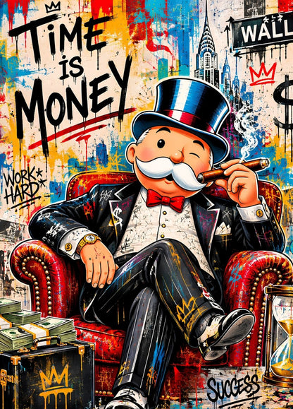 Tableau Time Is Money street art représentant un personnage iconique dans un fauteuil en cuir avec cigare, slogan Time Is Money, skyline de New York, graffitis colorés, billets et ambiance business contemporaine idéale pour un bureau d'entrepreneur ou un intérieur design.
