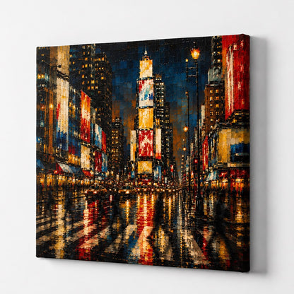 Tableau Times Square de nuit dans une ambiance urbaine lumineuse, avec circulation, façades éclairées et reflets sur l'avenue mouillée.
