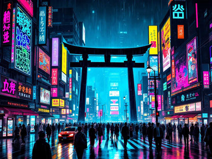 Tableau Tokyo néon avec torii japonais vue de face
