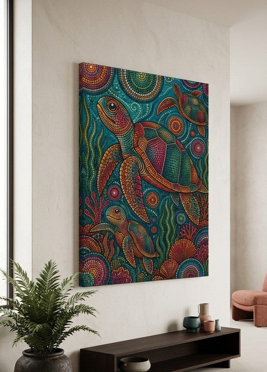 Tableau tortues marines installé dans une décoration contemporaine inspirée de l'océan
