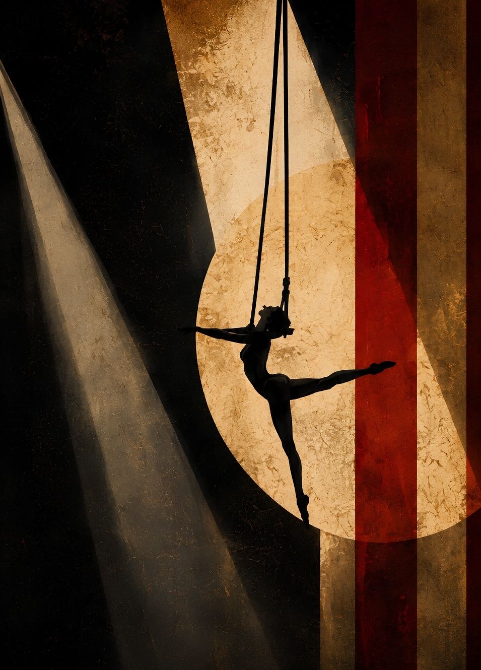 Tableau trapéziste vintage silhouette aérienne sous projecteur style Circus Chic rayures rétro décoration murale
