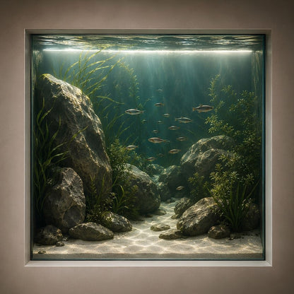 Tableau trompe l'œil aquarium naturel avec poissons et rochers
