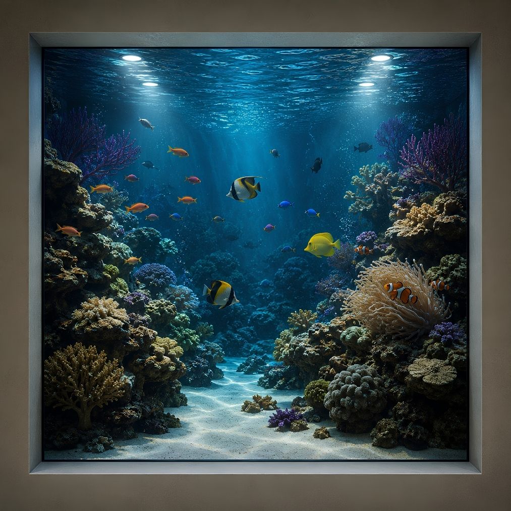 Tableau trompe l'œil aquarium avec poissons tropicaux et coraux
