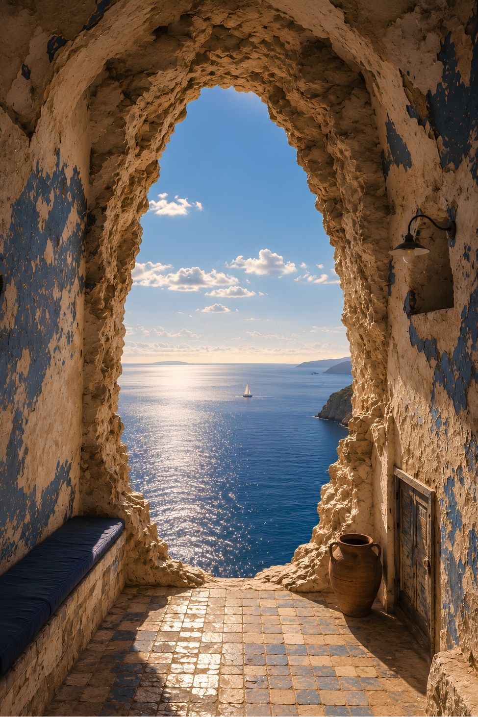 Tableau trompe l'œil arche méditerranéenne ouverte sur la mer
